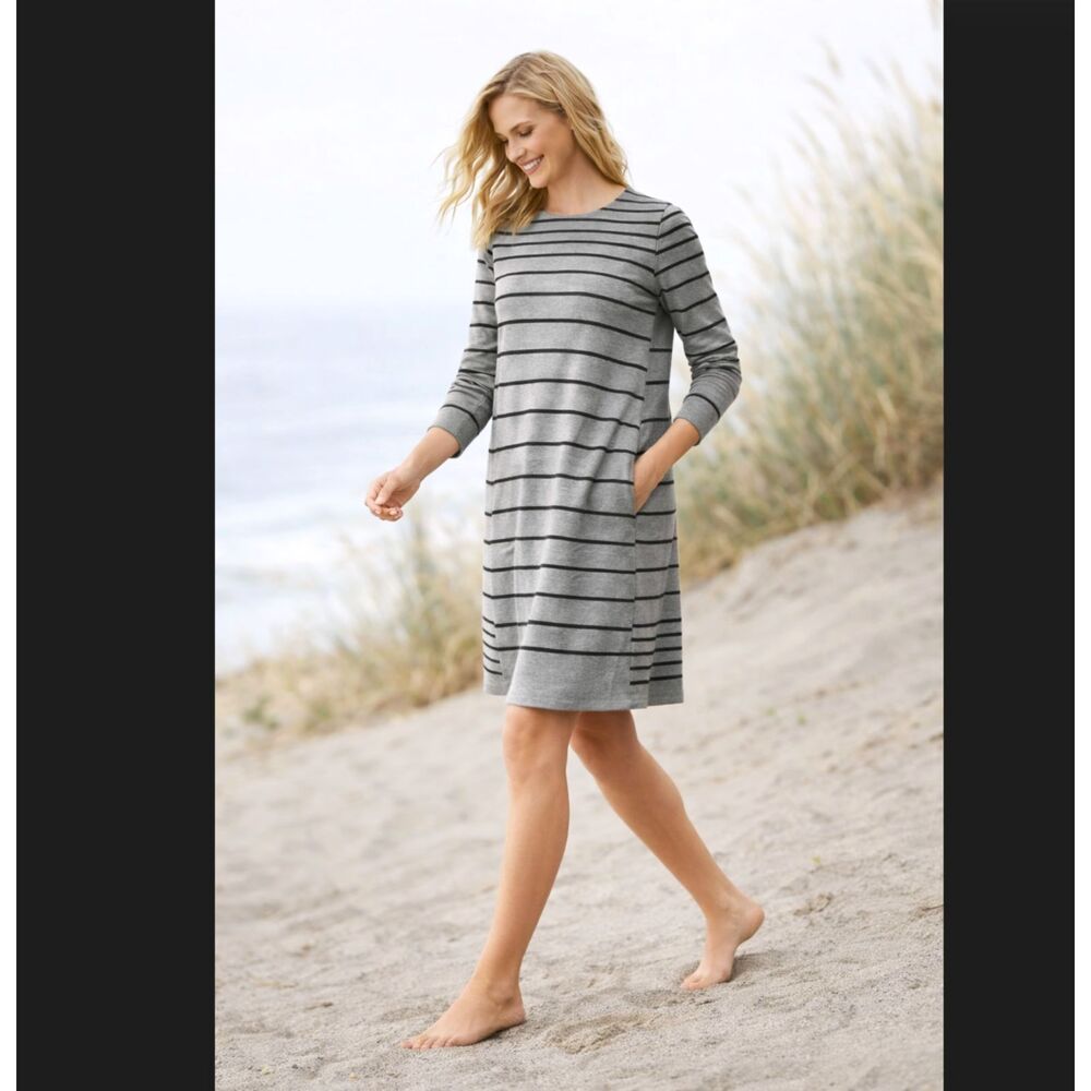 J Jill Stripe Dress MT Tall Gray Terry Cotton Long Sleeve Pockets A Line Coastal